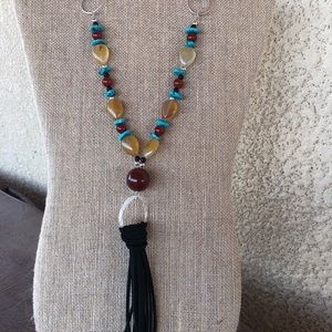 Bohemian style, leather fringe and gemstone adjustable statement necklace